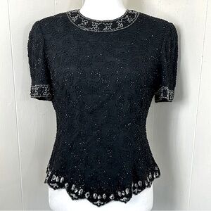 Cristall Collection Vintage Black Embroidered Sequins 100% Silk Top Size Medium.